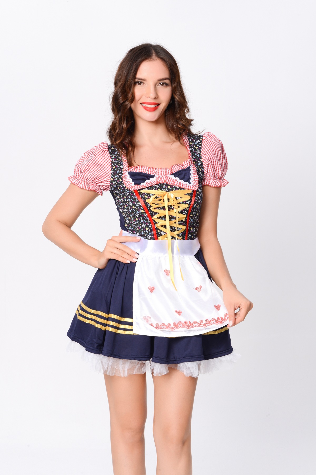 Traditional Oktoberfest Dirndl Dress Floral Corset Top with Red Gingham Design